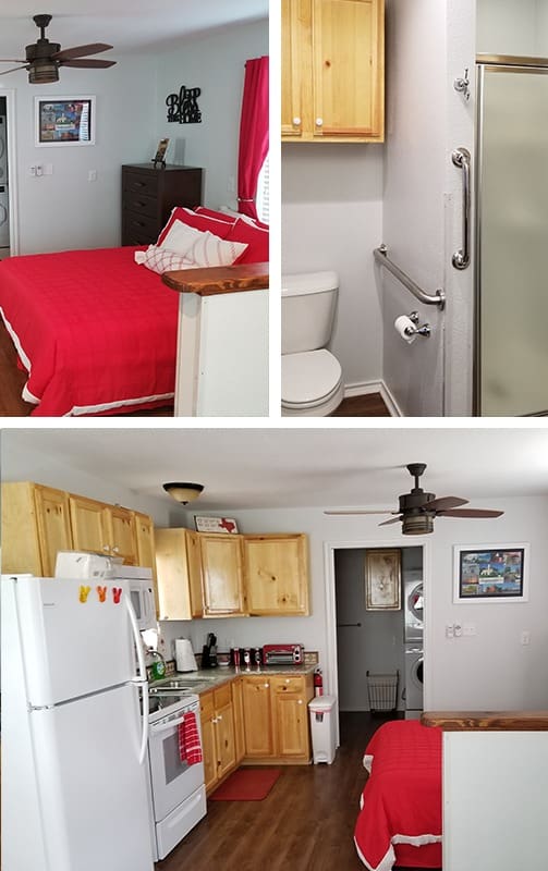 Collage of three photos: a bedroom with a red bedspread, a bathroom with a shower, and a kitchen with wooden cabinets. A small washer and dryer unit is visible in the kitchen area.