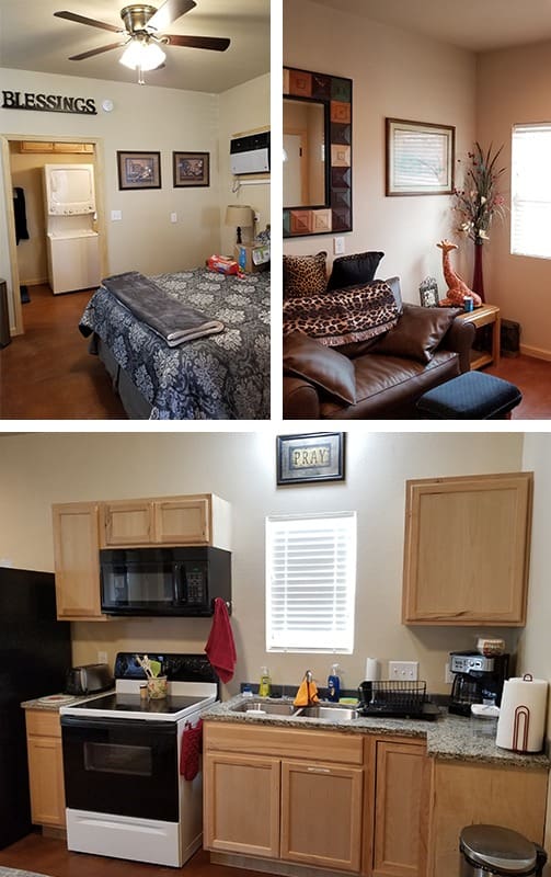 A collage of three images shows a bedroom with laundry appliances, a living room with a leather couch and decorations, and a kitchen with wooden cabinets and modern appliances.