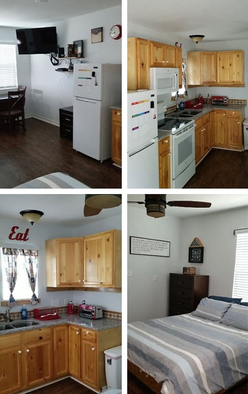 Collage of four images showing a small, modern kitchen and bedroom with wood cabinetry, white appliances, a small dining table, and a bed with striped bedding.