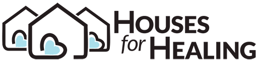 Logo of "Houses for Healing" features three house outlines with heart shapes inside, situated next to the organization name in bold letters.