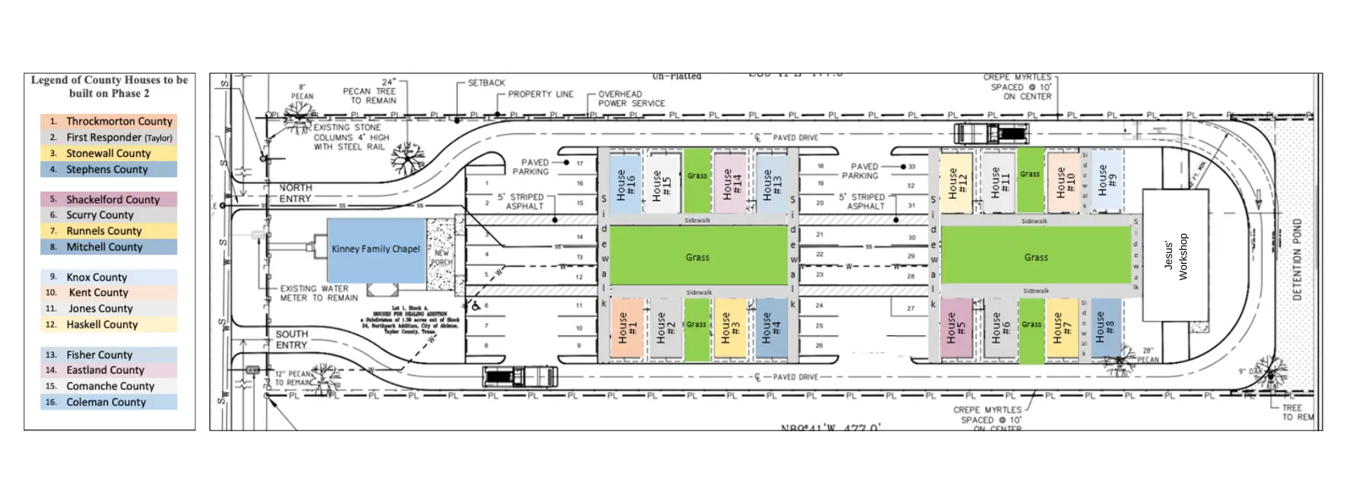 A site plan showing various labeled sections including grass areas, parking, buildings, and emergency access points. The map features multiple counties in the legend for future development phases.