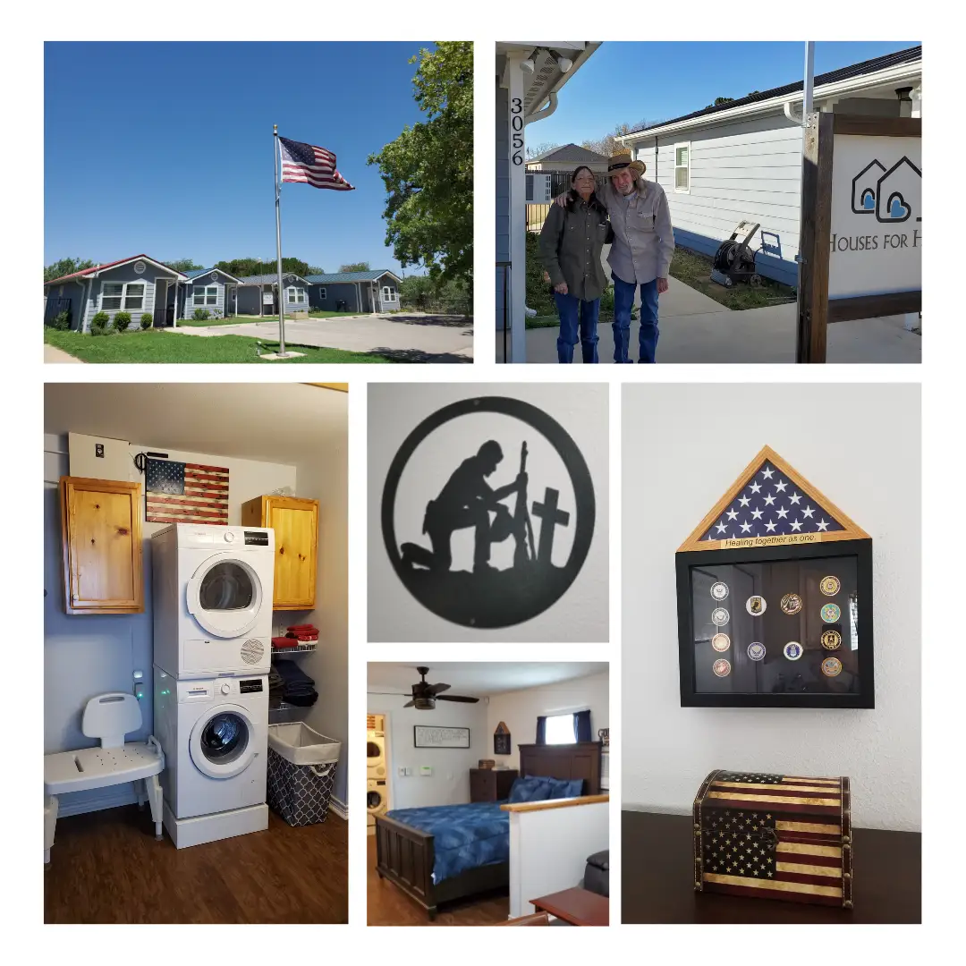 Collage showing a house with an American flag outside, a couple in front of a doorway, a laundry room, a soldier silhouette artwork, a flag display case, a bedroom, and a flag-themed chest.